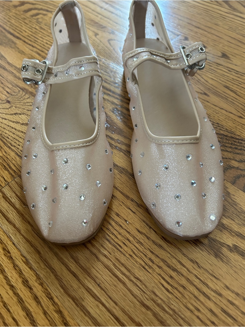 Mesh Mary Jane Flats - Nude Pink with Rhinestones